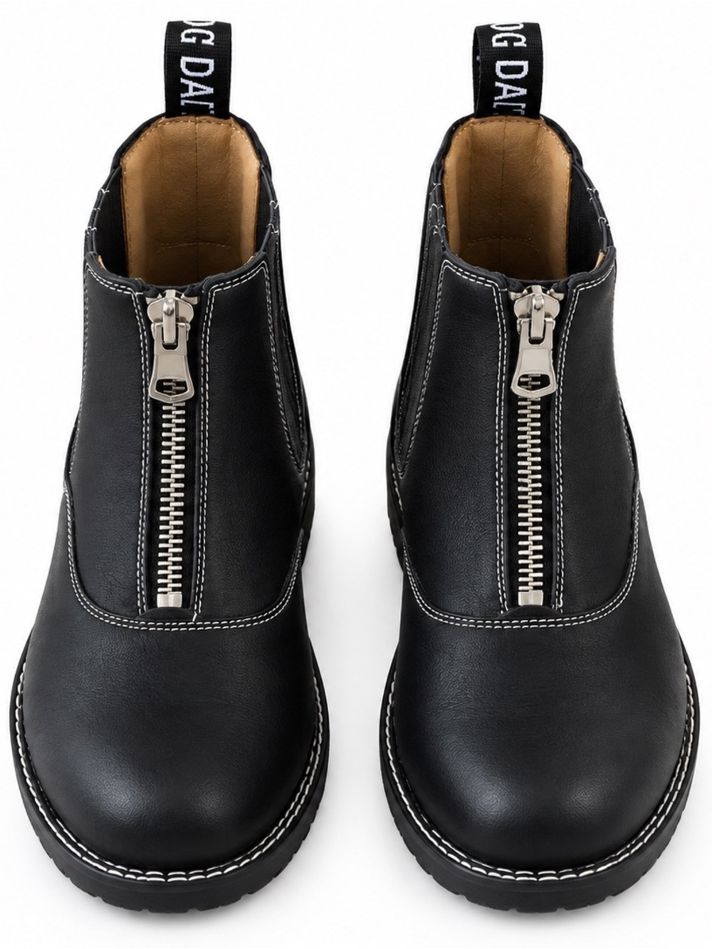 John Fluevog Black Leather Front-Zip Boots with White Stitching